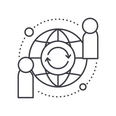 Küresel iletişim simgesi, doğrusal izole edilmiş illüstrasyon, ince çizgi vektörü, web tasarım işareti, düzenlenebilir beyaz arkaplan üzerinde çizgi konsept sembolü.