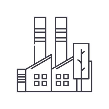 Yeşil fabrika konsept simgesi, doğrusal izole çizim, ince çizgi vektörü, web tasarım işareti, düzenlenebilir konsept sembolü beyaz arkaplan üzerinde.