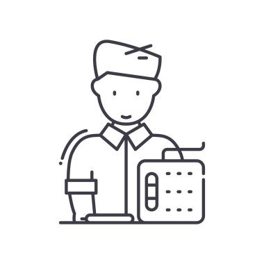 Tablet simgesine sahip grafik tasarımcısı, doğrusal izole edilmiş illüstrasyon, ince çizgi vektörü, web tasarım işareti, beyaz arkaplanda düzenlenebilir inme ile ana konsept sembolü.