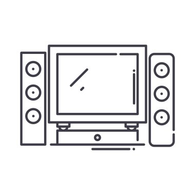 Ev sinema ikonu, doğrusal izole edilmiş illüstrasyon, ince çizgi vektörü, web tasarım işareti, düzenlenebilir beyaz arkaplan üzerinde çizgi konsept sembolü.