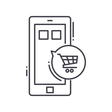 Mobil alışveriş simgesi, doğrusal izole edilmiş illüstrasyon, ince çizgi vektörü, web tasarım işareti, düzenlenebilir beyaz arkaplan üzerinde çizgi konsept sembolü.