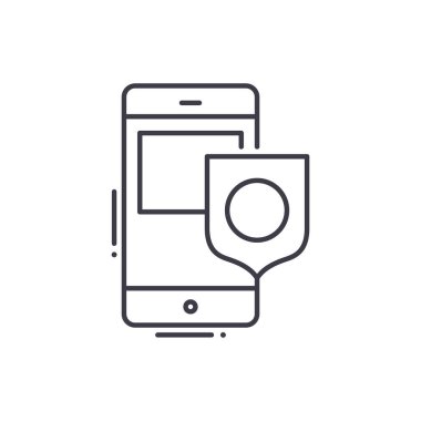 Mobil veri koruma simgesi, doğrusal izole edilmiş illüstrasyon, ince çizgi vektörü, web tasarım işareti, düzenlenebilir beyaz arkaplan üzerinde çizgi konsept sembolü.