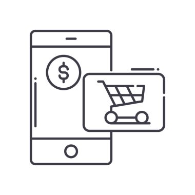 Mobil ticaret simgesi, doğrusal izole edilmiş illüstrasyon, ince çizgi vektörü, web tasarım işareti, düzenlenebilir beyaz arkaplan üzerinde çizgi konsept sembolü.