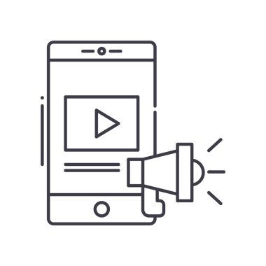 Medya yayın simgesi, doğrusal izole resimleme, ince çizgi vektörü, web tasarım işareti, düzenlenebilir çizgi konsept sembolü beyaz arkaplan üzerinde.