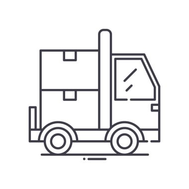 Hareket eden kamyon konsepti simgesi, doğrusal izole edilmiş illüstrasyon, ince çizgi vektörü, web tasarım işareti, düzenlenebilir konsept sembolü beyaz arkaplan üzerinde.