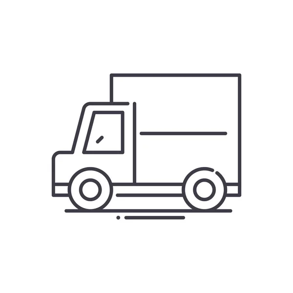 Ícone de caminhão em movimento, ilustração isolada linear, vetor de linha fina, sinal de web design, símbolo de conceito de esboço com curso editável no fundo branco. — Vetor de Stock