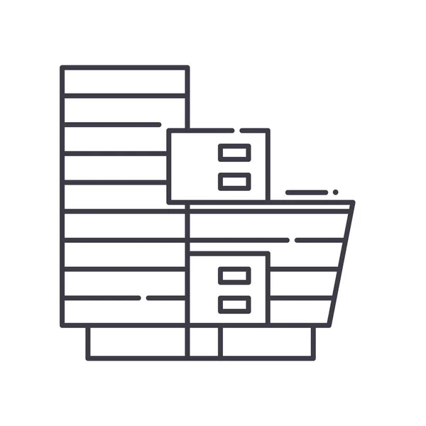 Bürogebäude-Konzept-Symbol, linear isolierte Illustration, dünner Linienvektor, Web-Design-Zeichen, Umrissenkonzept-Symbol mit editierbarem Strich auf weißem Hintergrund. — Stockvektor