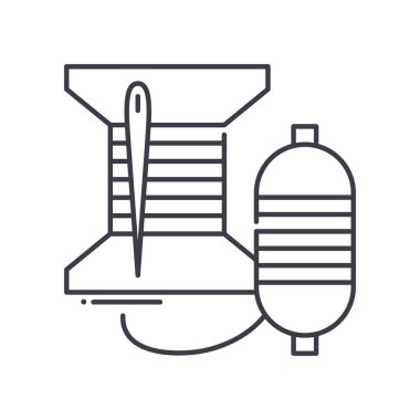 İğne ve iplik konsepti simgesi, doğrusal izole çizim, ince çizgi vektörü, web tasarım işareti, düzenlenebilir konsept sembolü beyaz arkaplan üzerinde.