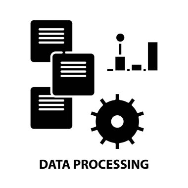 veri işleme simgesi, düzenlenebilir vuruşlarla siyah vektör işareti, konsept illüstrasyon