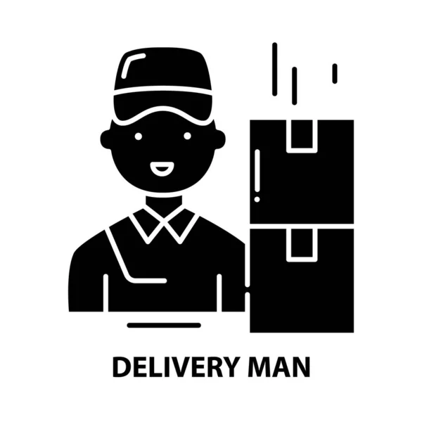 Ícone de homem de entrega, sinal de vetor preto com traços editáveis, ilustração conceito — Vetor de Stock