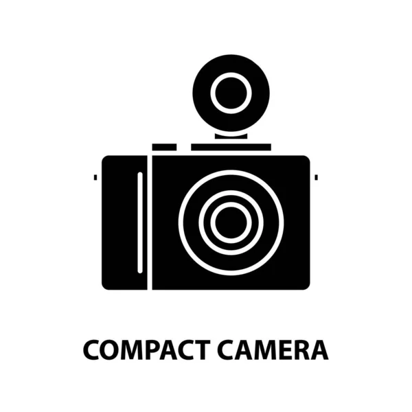 Kompaktkamera mit Blitzsymbol, schwarzes Vektorschild mit editierbaren Strichen, Konzeptillustration — Stockvektor