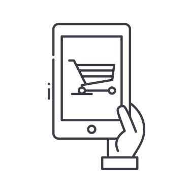 Çevrimiçi mobil pazar simgesi, doğrusal izole edilmiş illüstrasyon, ince çizgi vektörü, web tasarım işareti, düzenlenebilir beyaz arkaplan üzerinde çizgi konsept sembolü.