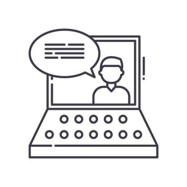 Çevrimiçi danışmanlık konsepti simgesi, doğrusal izole çizim, ince çizgi vektörü, web tasarım işareti, düzenlenebilir konsept sembolü beyaz arkaplan üzerinde.