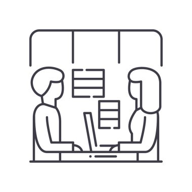 Ofis çalışması simgesi, doğrusal izole edilmiş illüstrasyon, ince çizgi vektörü, web tasarım işareti, düzenlenebilir çizgi konsept sembolü beyaz arkaplan üzerinde.