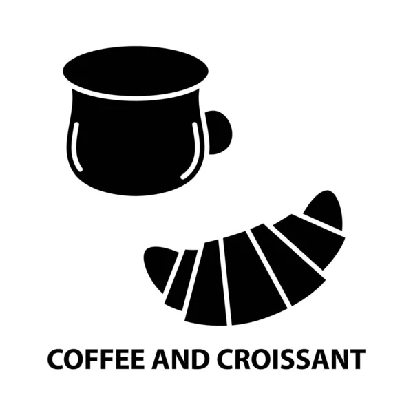 Café e croissant ícone, sinal de vetor preto com traços editáveis, ilustração conceito — Vetor de Stock