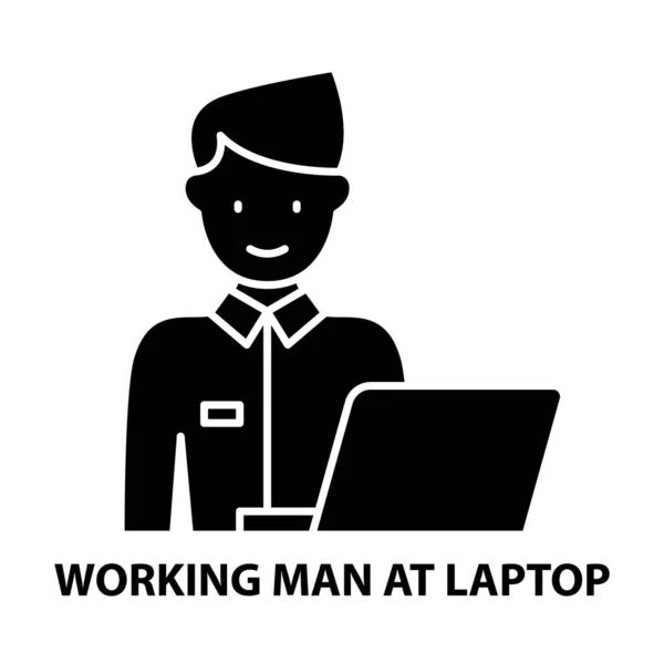 Homem trabalhador no ícone laptop, sinal de vetor preto com traços editáveis, ilustração conceito —  Vetores de Stock