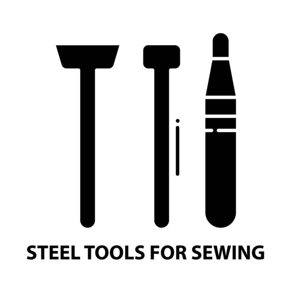 Stahlwerkzeuge zum Nähen von Icons, schwarzes Vektorschild mit editierbaren Strichen, Konzeptillustration — Stockvektor