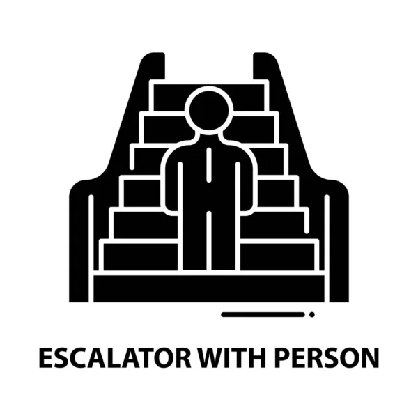 Escada rolante com ícone de pessoa, sinal de vetor preto com traços editáveis, ilustração conceito — Vetor de Stock
