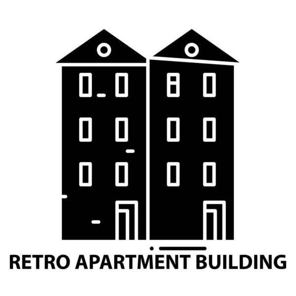 Retro apartamento edifício ícone, sinal vetor preto com traços editáveis, ilustração conceito —  Vetores de Stock