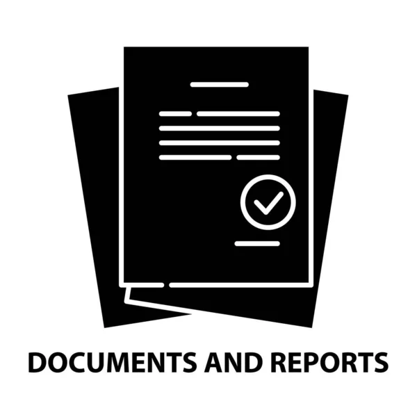Documentos e informes icono, signo de vector negro con trazos editables, ilustración de concepto — Vector de stock