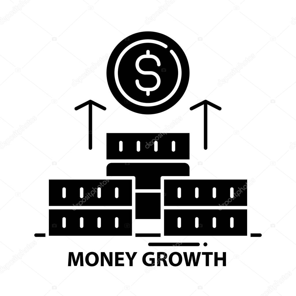 money growth symbol icon, black vector sign with editable strokes, concept illustration