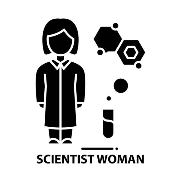 Ikona kobiety naukowiec, czarny znak wektor z edytowalnymi pociągnięciami, ilustracja koncepcji — Wektor stockowy