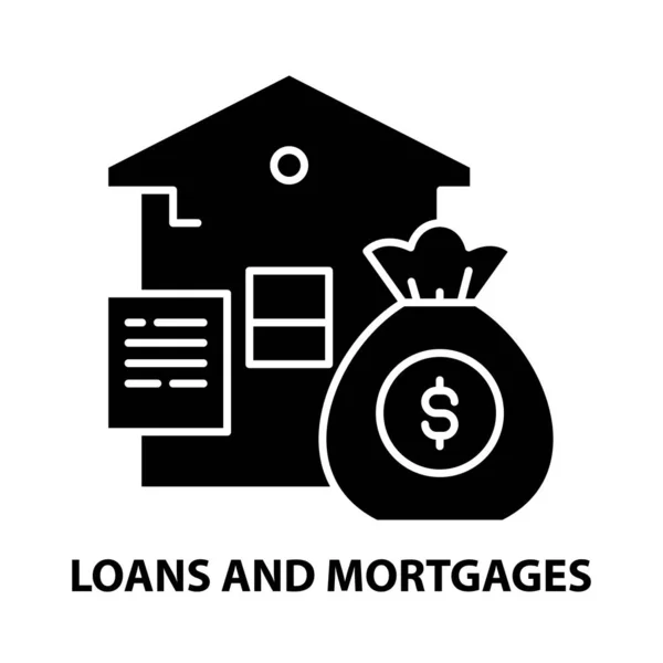 贷款和抵押图标，带有可编辑笔迹的黑色矢量符号，概念说明 — 图库矢量图片