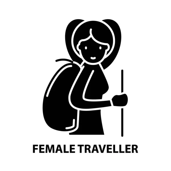 Icono viajero femenino, signo vectorial negro con trazos editables, ilustración conceptual — Vector de stock