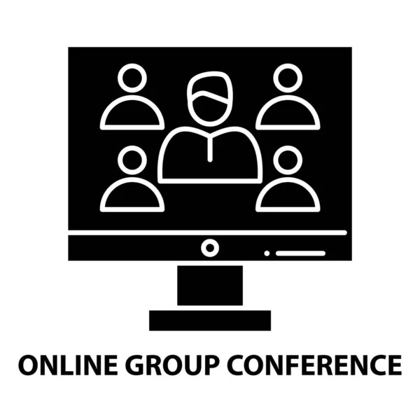 Çevrimiçi grup konferans simgesi, düzenlenebilir vuruşlarla siyah vektör işareti, konsept illüstrasyon — Stok Vektör