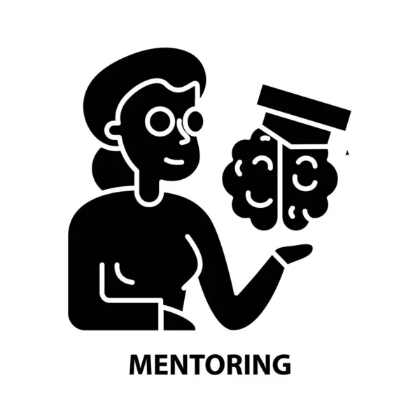 Mentoring εικονίδιο, μαύρο διάνυσμα υπογράψει με επεξεργάσιμο εγκεφαλικά επεισόδια, εικονογράφηση έννοια — Διανυσματικό Αρχείο