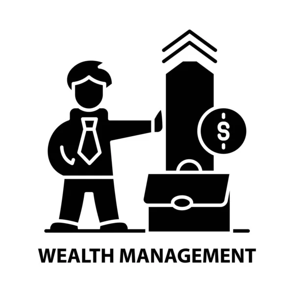 Ícone de símbolo de gestão de riqueza, sinal de vetor preto com traços editáveis, ilustração de conceito Gráficos De Vetores