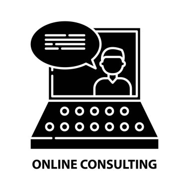 çevrimiçi danışmanlık simgesi, düzenlenebilir vuruşları olan siyah vektör işareti, konsept illüstrasyon
