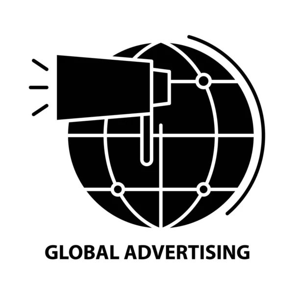 Иконка глобальной рекламы, черный векторный знак с редактируемыми штрихами, концептуальная иллюстрация — стоковый вектор