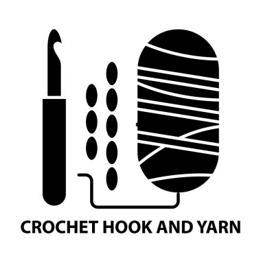 Tığ işi kanca ve iplik simgesi, düzenlenebilir vuruşlarla siyah vektör işareti, konsept illüstrasyon