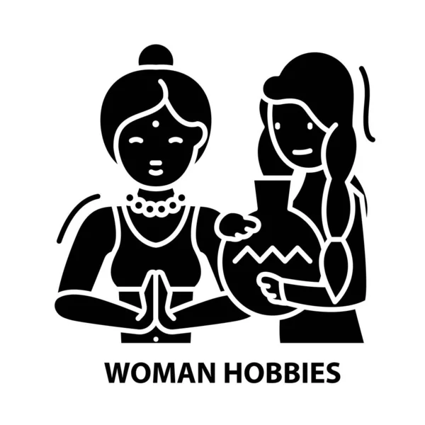 Mujer hobbies icono, signo de vector negro con trazos editables, concepto de ilustración — Archivo Imágenes Vectoriales