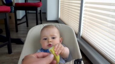 Bebek salıncaktaki sevimli bir oğlan bir armut alır ve yemeye başlar.