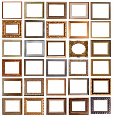 Beyaz arka planda izole edilmiş antika altın kaplama tabloların çerçeveleri