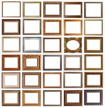 Beyaz arka planda izole edilmiş antika altın kaplama tabloların çerçeveleri