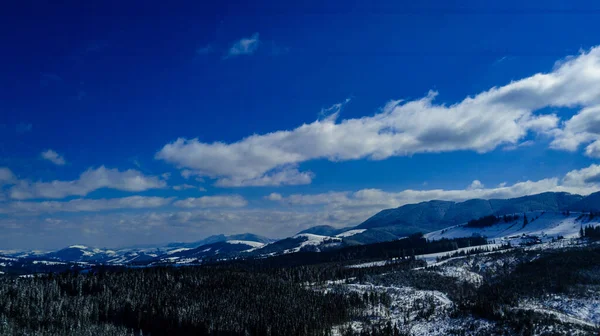 Karpaten Gebirge Kiefernwälder Nadelwälder Berggipfel Winter Schnee Luftaufnahmen — Stockfoto