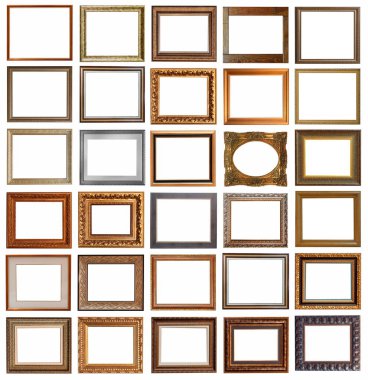 Beyaz arka planda izole edilmiş antika altın kaplama tabloların çerçeveleri