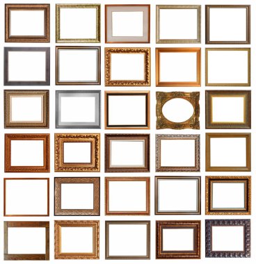 Beyaz arka planda izole edilmiş antika altın kaplama tabloların çerçeveleri