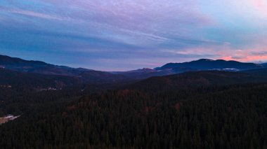 Dağlar çam ormanları Güzel kış manzarası Yükseklerden