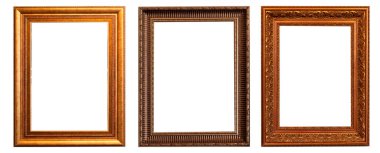 Beyaz arkaplanda izole edilmiş yaldızlı antika resim çerçeveleri.