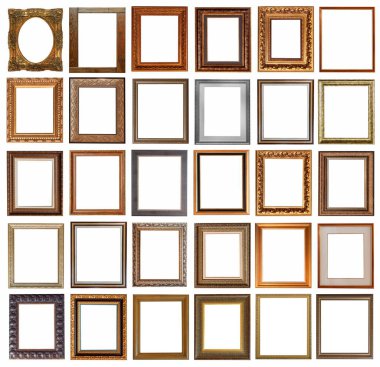 Beyaz arka planda izole edilmiş antika altın kaplama tabloların çerçeveleri