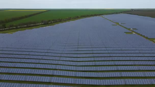 Солнечная Ферма Вырабатывает Электричество Национальной Сети Заряжается Батарея Новая Концепция — стоковое видео