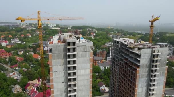 Construction Multi Storey Residential Building Tower Crane Top View Drone — Stock Video