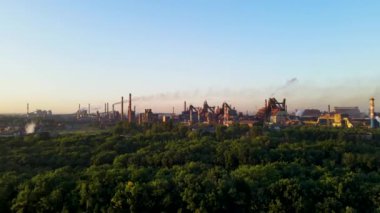 steel plant smoke from chimneys bad ecology drone flight 4K video
