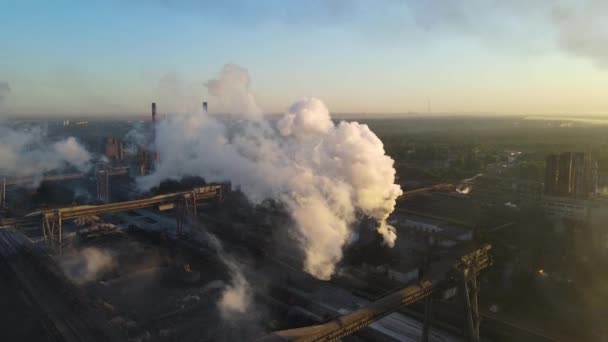 Steel Plant Smoke Chimneys Bad Ecology Drone Flight Video — Stock videók