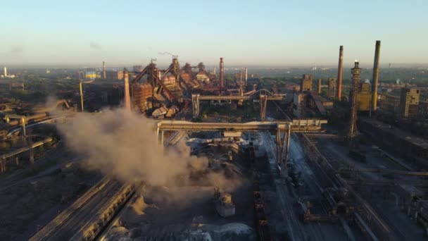 Steel Plant Smoke Chimneys Bad Ecology Drone Flight Video — Stock Video