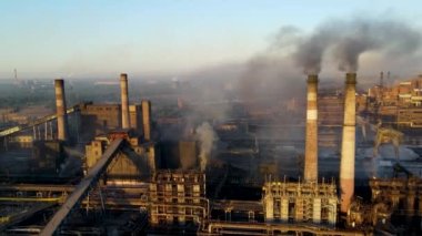 steel plant smoke from chimneys bad ecology drone flight 4K video